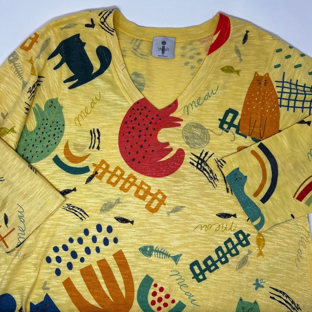 Inoah Yellow Cats Fish Artsy V-Neck 3/4 Sleeve Top Womens Size Medium